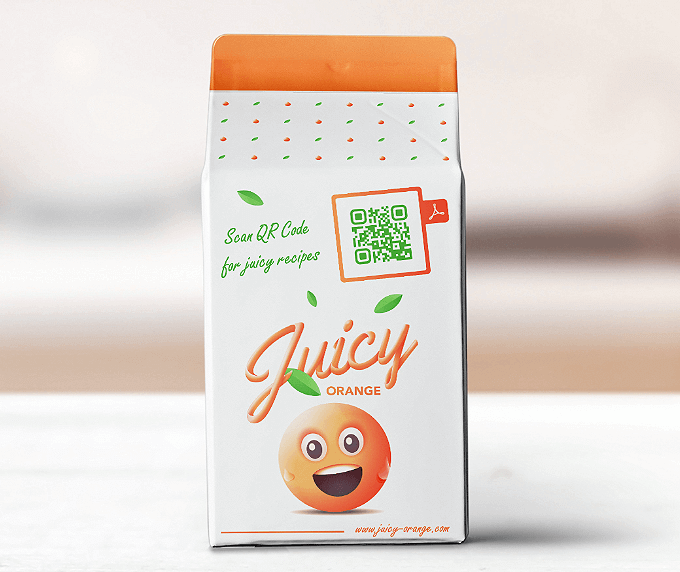 A juice box label with a QR Code that contains a PDF version of a variety of drink concoctions.