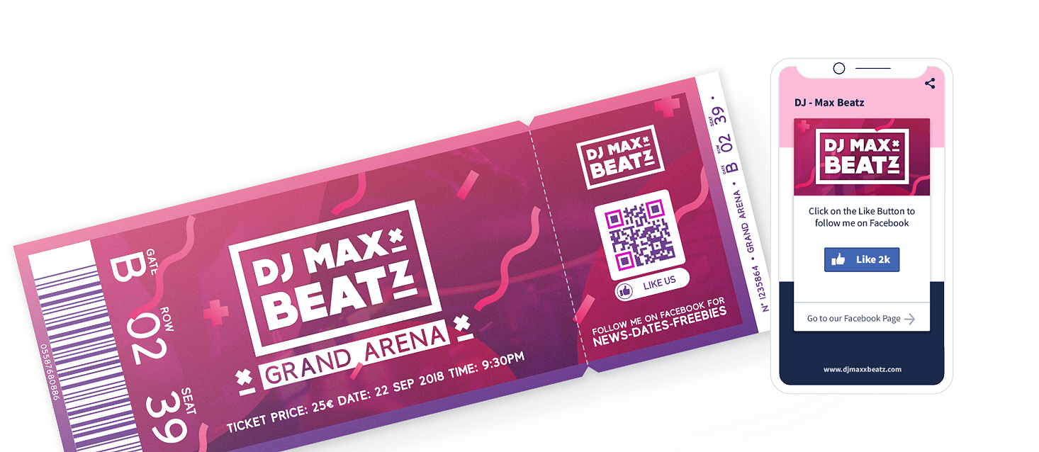 QR Code idea on a ticket with a landing page that displays a Facebook like button