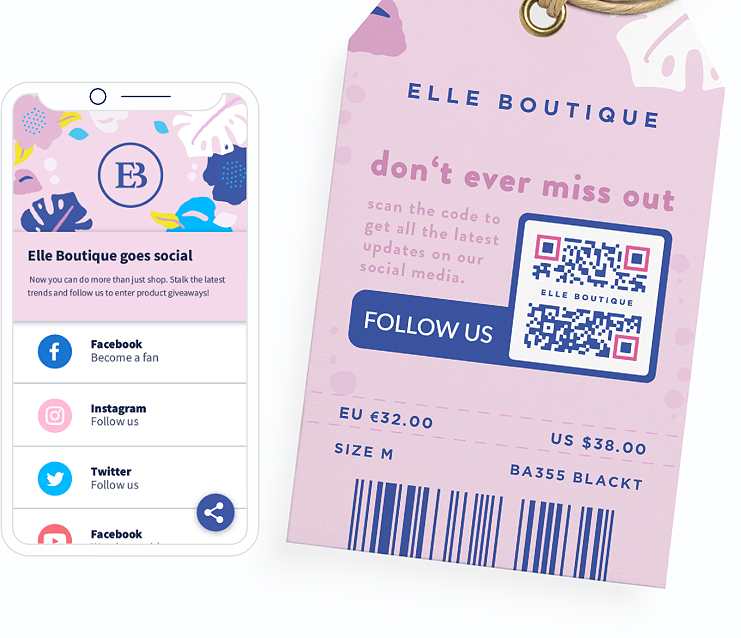QR Code idea on clothing tag with a landing page that displays all social media channels on one page